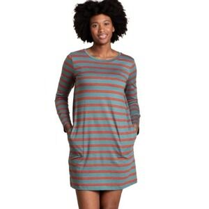 Toad & Co Windmere Long Sleeve Dress Blue Striped XS Hiking Outdoors Lounge Cozy